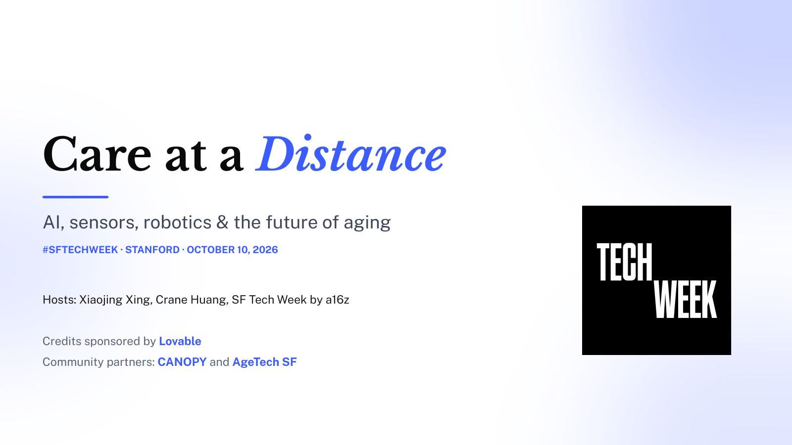 Care at a Distance opening slide from SF Tech Week at Stanford